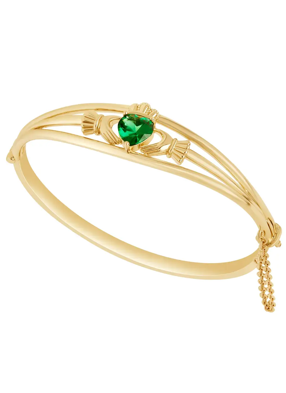 Gold Plated Claddagh Heart Bangle With Green Stone 